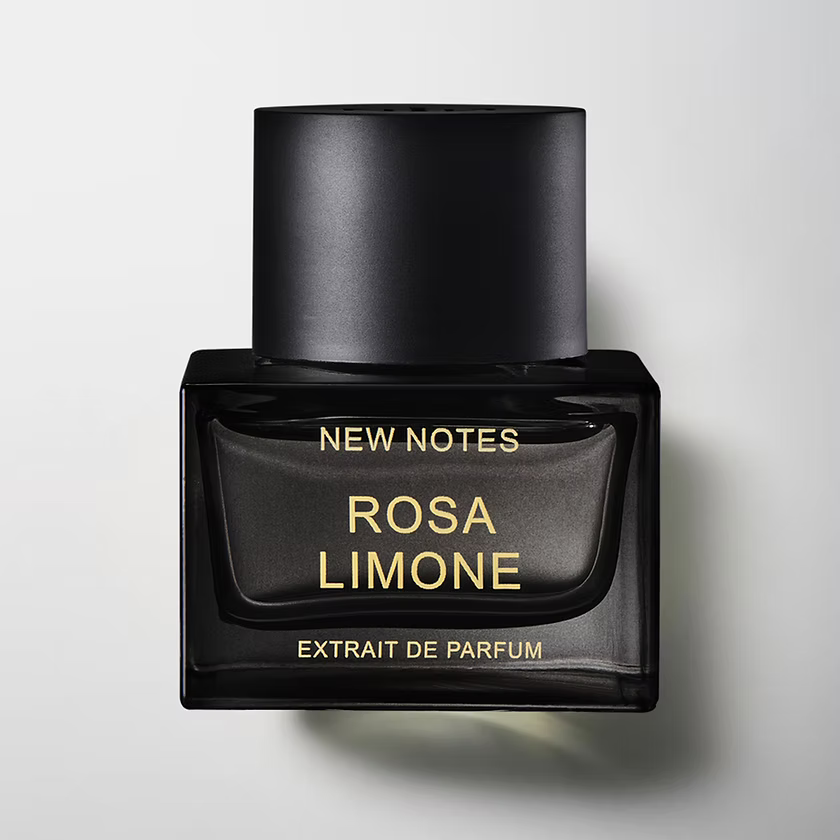 50ml dark square glass New Notes Rosa Limone bottle with a large matte black cap and gold text.
