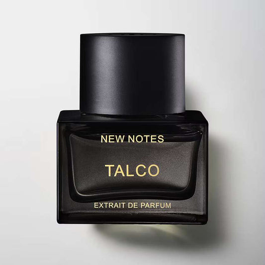 50ml black square New Notes Talco bottle with a large matte black cap and gold lettering.
