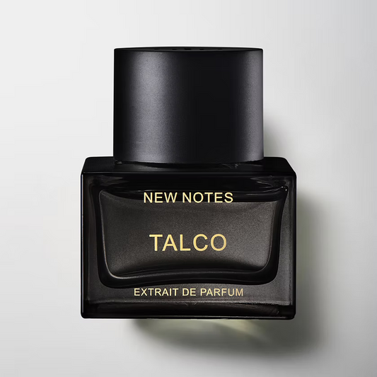 50ml black square New Notes Talco bottle with a large matte black cap and gold lettering.