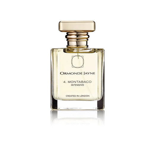 50ml clear rectangular Ormonde Jayne Montabaco Intensivo bottle with a gold rectangular cap and black text.