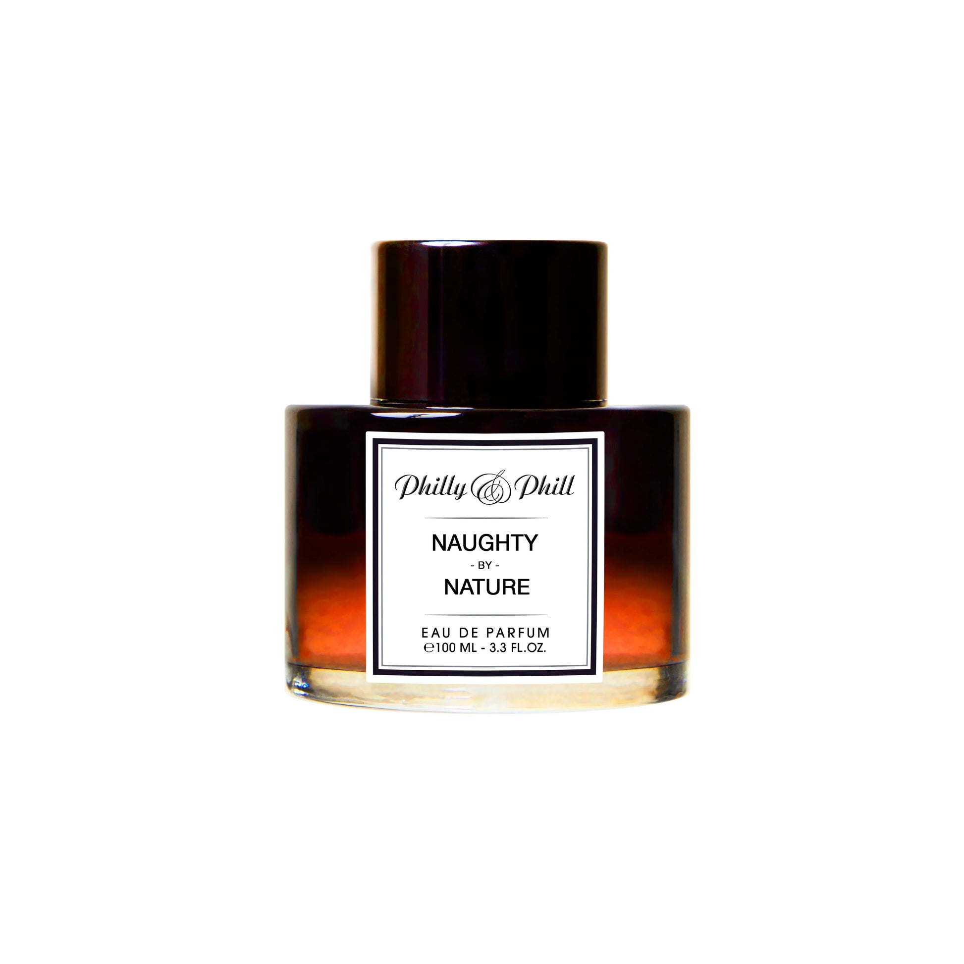 A 100ml short, wide glass bottle of Philly & Phill Naughty by Nature Eau de Parfum from Germany with a cream label and a large, dark circular wooden cap.