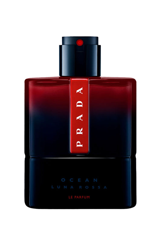 Prada Ocean Luna Rossa Le Parfum bottle, featuring a dark red to black gradient design with a vertical red label displaying the white Prada logo.
