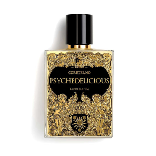 100ml glass bottle with a black cap and a detailed gold-on-black label featuring two cherubs and a sun.