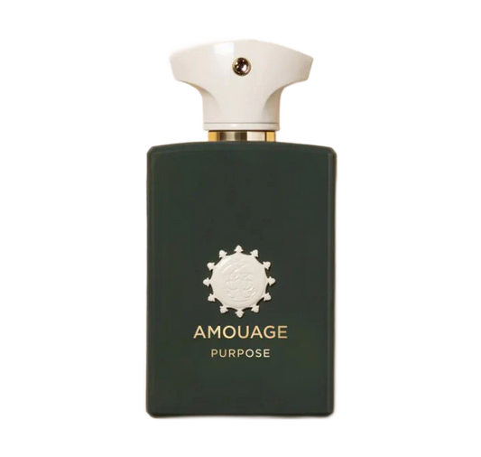 100ml matte dark green rectangular Amouage bottle with a white sun-shaped emblem and a white khanjar-inspired cap.