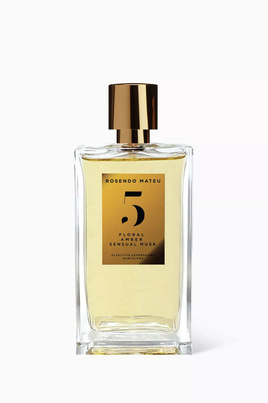 100ml clear rectangular bottle with a gold label featuring a large "5" and a cylindrical gold cap.