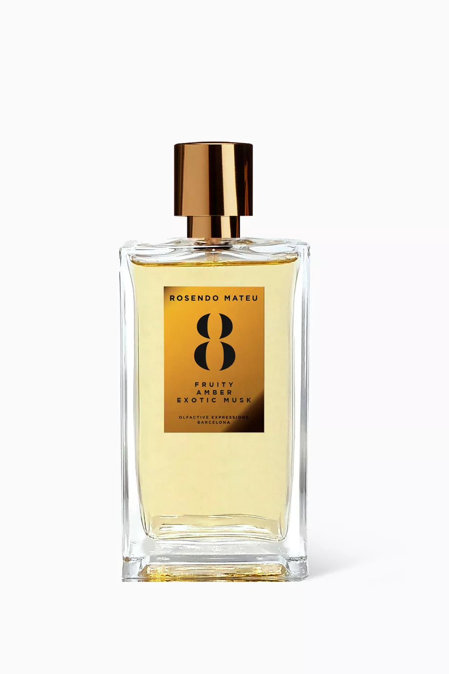 100ml clear rectangular Rosendo Mateu No. 8 bottle with a gold cap and a large gold label featuring a prominent black number 8.