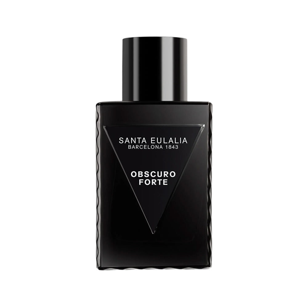 A sleek, minimalist square black bottle of Santa Eulalia Obscuro Forte 100ml from Spain, showcasing a clean white logo and a matching black cap.