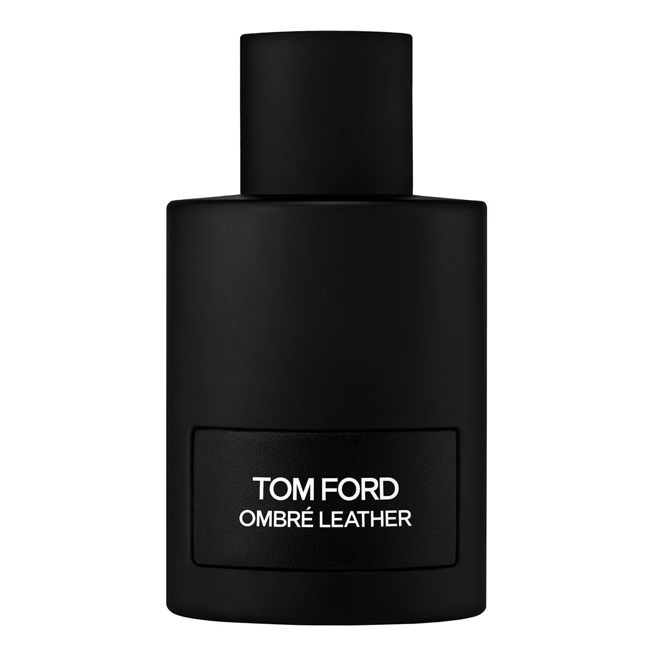 100ml cylindrical matte black Tom Ford bottle with a faux-leather plaque and matching black cap.