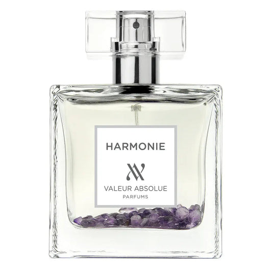 100ml square glass Valeur Absolue Harmonie bottle with clear cap and amethyst stones at the bottom.