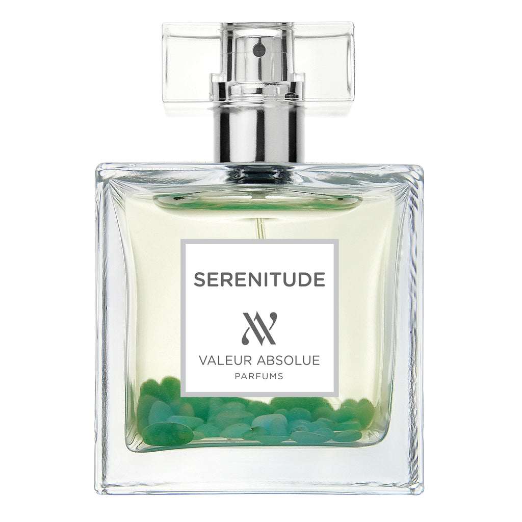 100ml square glass Valeur Absolue Serenitude bottle with clear cap and turquoise stones at the bottom.