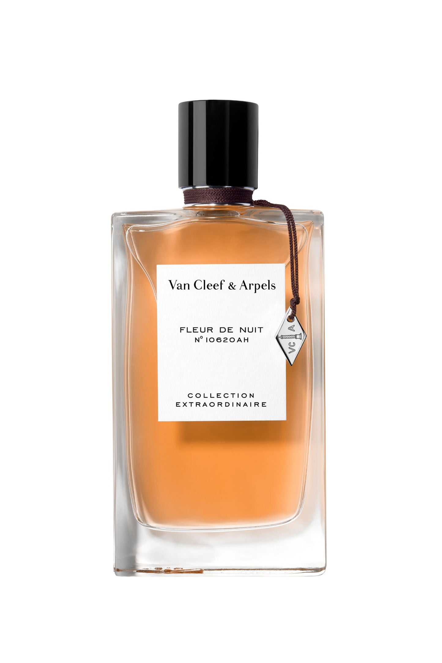 A bottle of Van Cleef & Arpels Fleur de Nuit No. 108204 collection fragrance, featuring a clear glass bottle filled with amber-orange liquid, a white label, and a black cap, set against a plain white background.