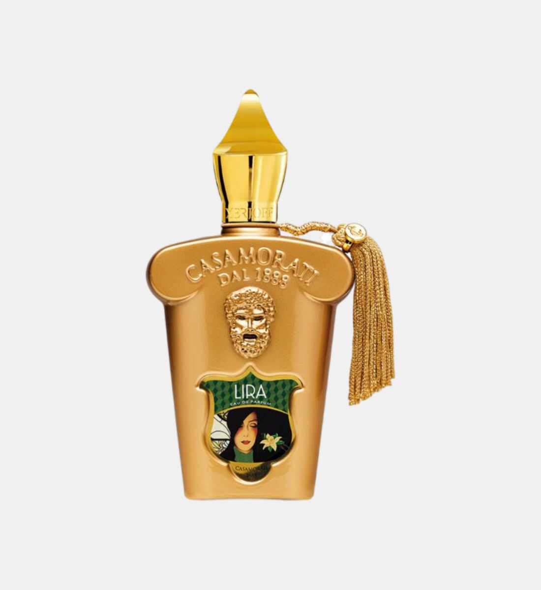 A 100ml ornate gold-toned glass bottle of Casamorati Lira Eau de Parfum from Italy, featuring a vintage-style tassel and a detailed gold cap.