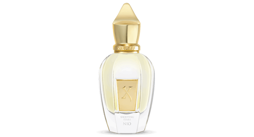 50ml clear faceted Xerjoff Nio bottle with a signature pointed gold cap and a small gold label.